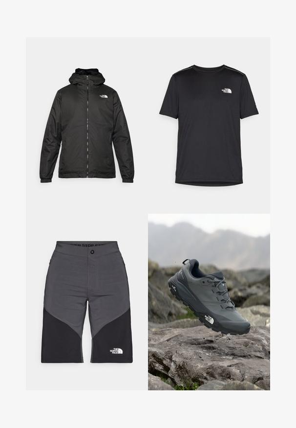 Svart The North Face hettegenser med frontglidelås, elastiske mansjetter, og logo på øvre venstre bryst mot en hvit bakgrunn.; Svart kortermet T-skjorte laget av lett materiale. Har en liten hvit logo på venstre bryst og subtile skulderdetaljer.; Grå og svarte shorts med paneldesign, frontlukkeknapp og The North Face-logo. Laget av et lett og slitesterkt materiale.; Grå terrengløpesko med en teksturert overdel, slitesterk gummisåle og forsterket tåhette. Inkluderer snørebånd og merkevarelogo på siden.