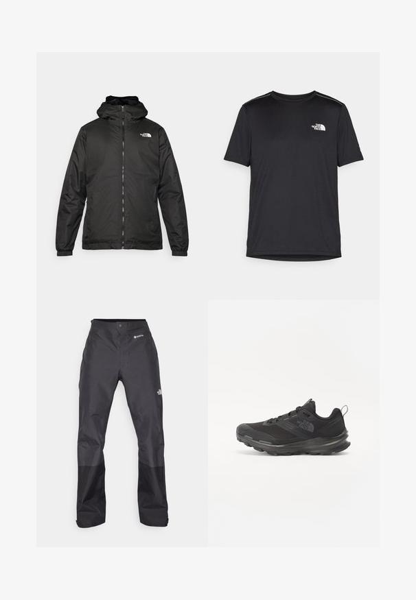 Μαύρο μπουφάν με κουκούλα της The North Face, με μπροστινό φερμουάρ, ελαστικούς καρπούς και λογότυπο στην πάνω αριστερή πλευρά του στήθους, σε λευκό φόντο.; Μαύρο κοντομάνικο T-shirt φτιαγμένο από ελαφρύ ύφασμα. Έχει ένα μικρό λευκό λογότυπο στο αριστερό στήθος και διακριτικές λεπτομέρειες στους ώμους.; Μαύρα αδιάβροχα παντελόνια με απλή υφή, που διαθέτουν λογότυπο GORE-TEX στο μπροστινό μέρος και ενισχυμένα κάτω μέρη για αυξημένη αντοχή.; Μαύρο αθλητικό παπούτσι με διαπνέον επάνω μέρος από πλέγμα, ελαστική σόλα και μαλακή επένδυση στον αστράγαλο. Διαθέτει κορδόνια, λογότυπο στο πλάι και υφή στο σχέδιο.
