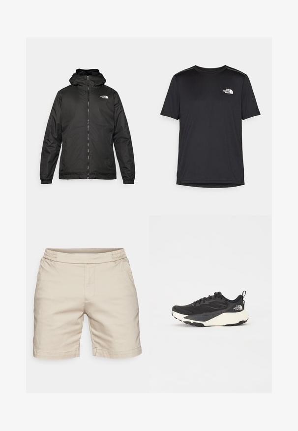 Svart The North Face huva jacka med framzipper, elastiska muddar och logotyp på övre vänstra bröstet mot en vit bakgrund.; Svart kortärmad T-shirt i lättviktig tyg. Har en liten vit logotyp på vänster bröst och subtila axeltoner.; Beiga shorts gjorda av lätt material, med elastisk midja, sid sömmar och rak skärning som slutar ovanför knäet.; Svart sportskor med strukturerad meshöversida, helt svarta detaljer och vit lätt sula. Utökad med snörning och dragflik.