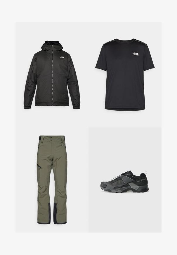Jacket preta com capuz da The North Face, com fecho éclair na frente, punhos elásticos e logotipo no canto superior esquerdo do peito, em fundo branco.; T-shirt preto de manga curta feito de um tecido leve. Apresenta um pequeno logo branco ao lado esquerdo do peito e detalhes subtis nos ombros.; Calças de esqui verde-oliva feitas de um tecido impermeável, com fecho de botão duplo, bolsos laterais com zíper e acabamentos pretos na parte inferior das pernas.; Sapato de trail running preto com parte superior de malha durável, biqueira reforçada, sola de borracha texturizada e sistema de amarração elástico para um ajuste seguro.