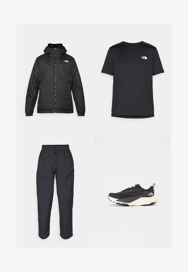 Svart The North Face hettegenser med frontglidelås, elastiske mansjetter, og logo på øvre venstre bryst mot en hvit bakgrunn.; Svart kortermet T-skjorte laget av lett materiale. Har en liten hvit logo på venstre bryst og subtile skulderdetaljer.; Sorte cargo bukser laget av et lett, vannavvisende materiale; har elastisk midje, flere glidelåslommer og smale ben.; Svart treningssko med teksturert mesh-overdel, solide svarte detaljer og hvit, lett yttersåle. Har snøring og en løkke bak.