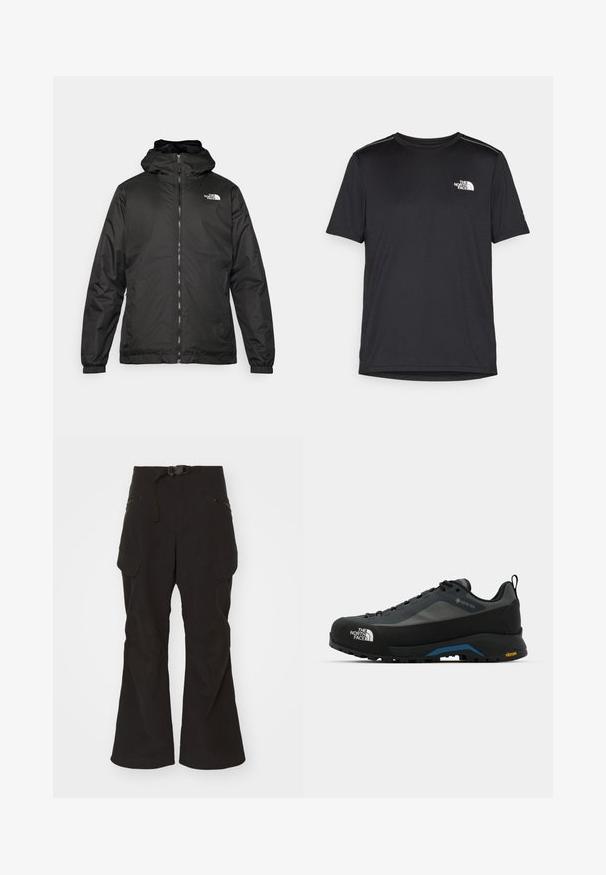 Svart The North Face hettegenser med frontglidelås, elastiske mansjetter, og logo på øvre venstre bryst mot en hvit bakgrunn.; Svart kortermet T-skjorte laget av lett materiale. Har en liten hvit logo på venstre bryst og subtile skulderdetaljer.; Svart cargo-bukser med en tettsittende midjebånd, justerbart belte og flere glidelås- og klafflommer. Har forsterkede knelapper.; The North Face VERTO ALPINE GORE TEX - Fjellsko - asphalt grey/tnf black
