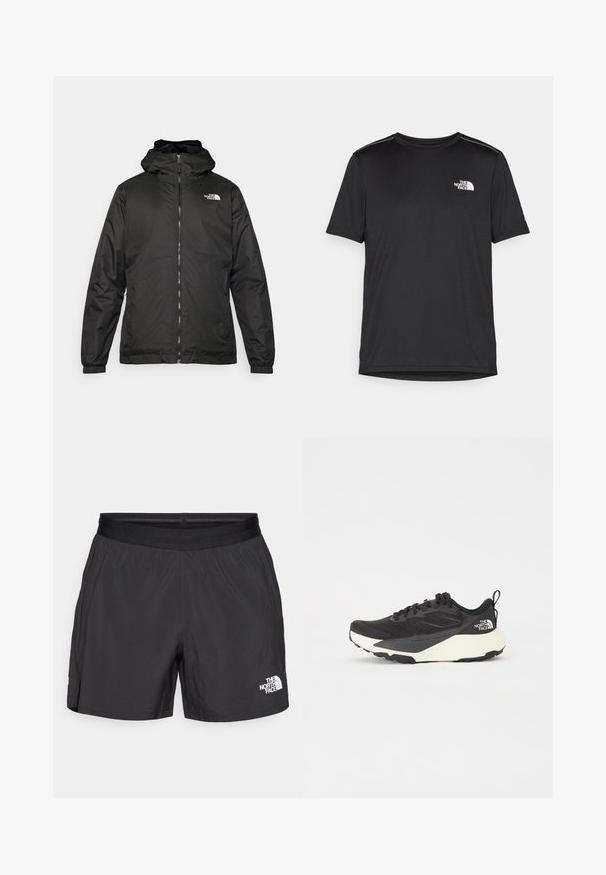 Fekete The North Face kapucnis dzseki elülső zipzárral, elasztikus mandzsettákkal és logóval a bal felső mellkason, fehér háttér előtt.; Fekete, rövid ujjú póló, könnyű anyagból készült. Bal mellen egy kis fehér logó található, és finom vállrész kiemelések.; Könnyű anyagból készült fekete shorts, rugalmas derékkal és egy kis fehér logóval a jobb alsó oldalán.; Fekete sportcipő texturált hálós felső résszel, egységes fekete kiegészítőkkel és fehér könnyített talppal. Fűzős záródással és húzóhurokkal rendelkezik.