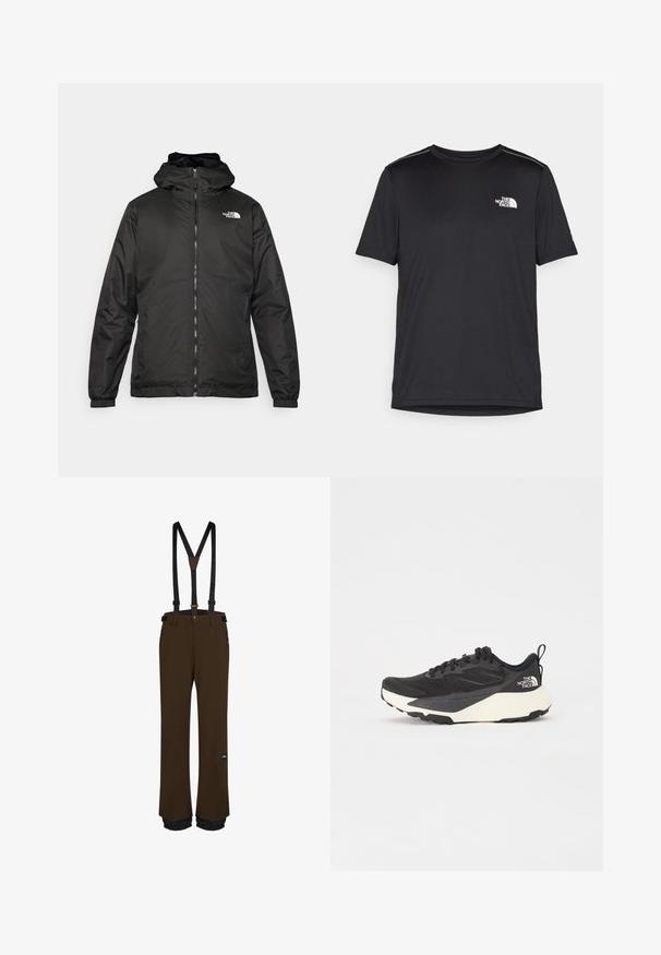 Čierna bundá s kapucňou The North Face s predným zipsom, elastickými manžetami a logom v ľavom hornom rohu hrude na bielom pozadí.; Čierne tričko s krátkym rukávom vyrobené z ľahkej tkaniny. Obsahuje malé biele logo na ľavej hrudi a jemné akcenty na pleciach.; Hnedé snowboardové nohavice s nastaviteľnými čiernymi trakovými pásmi, zipsovými vreckami, zosilnenými lemami a logom na stehne.; Čierna atletická obuv s textúrovaným sieťovinovým vrchom, pevným čiernym akcentom a bielou ľahkou podrážkou. Obsahuje šnurovací systém a pútko.