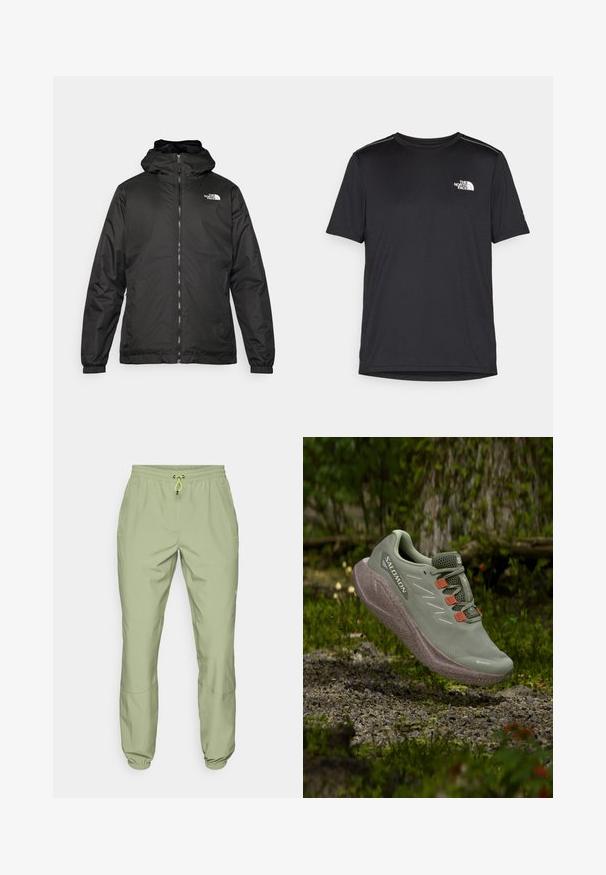 Juodas „The North Face“ striukė su gobtuvu, priekyje užtrauktuku, elastingomis rankogaliais ir logotipu viršutinėje kairėje krūtinės pusėje ant baltos fono.; Juodas trumpas rankovės marškinėliai, pagaminti iš lengvos medžiagos. Yra mažas baltas logotipas kairiajame krūtinės pusėje ir subtilūs pečių akcentai.; Šviesiai žali sportiniai kelnes su elastinga liemene, užtrauktuko uždarymu ir kulkšnų manžetais; turi dvi šonines kišenes ir lygią tekstūrą.; Šviesiai žalia Salomon bėgimo avalynė su oranžiniais raišteliais, kabanti virš žvyro takelio miško aplinkoje.