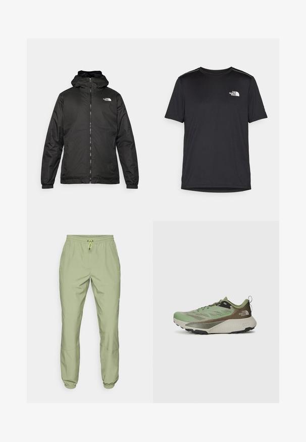 Must esine The North Face must kapuutsiga jakk, millel on esizipp, elastsed mansetid ja logo vasakul ülemisel rinnal valge tausta ees.; Must mustaöödiga must T-särk, mis on valmistatud kerge riidekanga. Esiküljel on vasakul rinnal väike valge logo ning õlgadel on peened aktsendid.; Heledad rohelised spordipüksid elastse vöökoha, paelaga sulgemise ja pahkluude mansettidega; omaduseks on kaks külgtaskut ja sile tekstuur.; Hele roheline trail jooksujalats, millel on tekstuuriga pealis, mustad detailid ja polsterdatud tald. Sisaldab tõmbeaas ja mustriga disain.