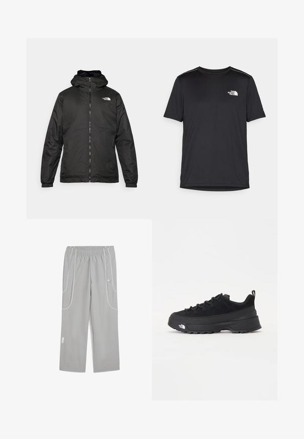 Sort The North Face hættejakke med frontlynlås, elastiske manchetter og logo på øverste venstre bryst mod en hvid baggrund.; Sort t-shirt med korte ærmer lavet af letvægtsstof. Har et lille hvidt logo på venstre bryst og diskrete skuldrelementer.; Lys grå elastisk talje joggebukser med hvide piping-detaljer og Puma-logo på øverste lår, løs pasform og lige ben.; Sort udendørs sneakers med overdel i ruskind, tekstureret gummisål og robust snøringssystem. Har en forstærket hæl og logo fra mærket på siden.