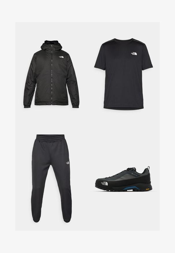 Čierna bundá s kapucňou The North Face s predným zipsom, elastickými manžetami a logom v ľavom hornom rohu hrude na bielom pozadí.; Čierne tričko s krátkym rukávom vyrobené z ľahkej tkaniny. Obsahuje malé biele logo na ľavej hrudi a jemné akcenty na pleciach.; Čierne tepláky so sťahovacím pásom, tapered strih, elastické manžety a malé biele logo na ľavom stehne, vyrobené z hladkej tkaniny.; The North Face VERTO ALPINE GORE TEX - Turistické topánky - asphalt grey/tnf black