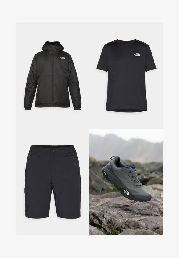 Chaqueta con capucha de The North Face en negro, con cremallera frontal, puños elásticos y logo en la parte superior izquierda del pecho, sobre un fondo blanco.; Camiseta negra de manga corta hecha de tejido ligero. Presenta un pequeño logo blanco en el lado izquierdo del pecho y sutiles acentos en los hombros.; Pantalones cortos cargo negros con un bolsillo con cremallera, cintura elástica y detalles en los paneles laterales. Fabricados con tejido ligero y duradero.; Zapatilla de trail running gris con parte superior texturizada, suela de goma duradera y puntera reforzada. Cuenta con cordones y logo de la marca en el lateral.