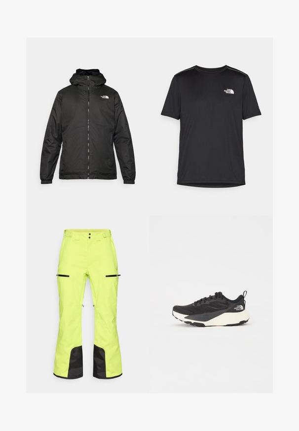 Černá kapucínová bunda The North Face s předním zipem, elastickými manžetami a logem na horní levé části hrudi na bílém pozadí.; Černé tričko s krátkým rukávem vyrobené z lehkého materiálu. Má malé bílé logo na levé části hrudi a decentní akcenty na ramenech.; Světlé žluté lyžařské kalhoty s černými akcenty, se zipovými kapsami a nastavitelným pasem, vyrobené z odolného, povětrnostně odolného materiálu.; Černá sportovní bota s texturovaným síťovaným svrškem, solidními černými akcenty a bílou lehkou podrážkou. Vybavena šněrováním a poutkem.