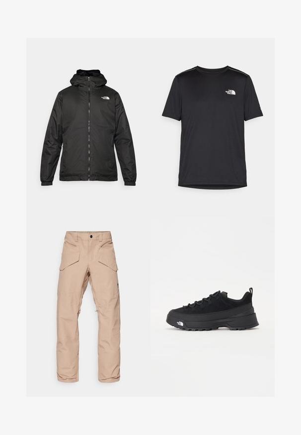 Čierna bundá s kapucňou The North Face s predným zipsom, elastickými manžetami a logom v ľavom hornom rohu hrude na bielom pozadí.; Čierne tričko s krátkym rukávom vyrobené z ľahkej tkaniny. Obsahuje malé biele logo na ľavej hrudi a jemné akcenty na pleciach.; Svetlo béžové cargo nohavice s vodoodpudivým materiálom, obsahujúce viaceré vrecká, zosilnené kolená a zips na dolnej časti nohavíc pre nastaviteľnosť.; Čierne vonkajšie tenisky so zvrškom z semišu, štruktúrovanou gumovou podrážkou a pevným šnurovaním. Obsahujú vystužený opätok a logo značky na boku.