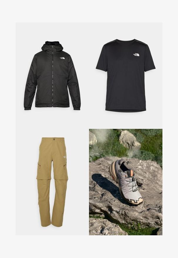 Jachetă cu glugă The North Face de culoare neagră, cu fermoar frontal, manșete elastice și logo pe partea superioară stângă a pieptului, pe un fundal alb.; Tricou negru cu mânecă scurtă, realizat dintr-un material ușor. Prezintă un mic logo alb pe pieptul stâng și accente subtile pe umeri.; The North Face EXPLORATION - Pantaloni - kelp tan; Pantofii de alergare pe traseu de culoare gri deschis, cu accente bej, parte superioară texturată, șireturi negre și model pronunțat pe talpă. Prezintă logo-ul brandului.