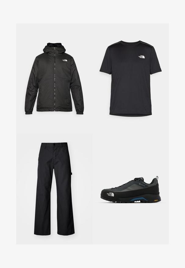 Jacket preta com capuz da The North Face, com fecho éclair na frente, punhos elásticos e logotipo no canto superior esquerdo do peito, em fundo branco.; T-shirt preto de manga curta feito de um tecido leve. Apresenta um pequeno logo branco ao lado esquerdo do peito e detalhes subtis nos ombros.; Calças largas pretas, feitas de um tecido durável. Apresenta um fecho de botão e bolsos laterais. Textura suave com um design limpo.; The North Face VERTO ALPINE GORE TEX - Sapatos de caminhada - asphalt grey/tnf black