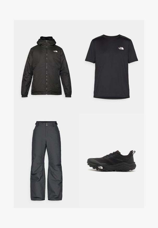 Černá kapucínová bunda The North Face s předním zipem, elastickými manžetami a logem na horní levé části hrudi na bílém pozadí.; Černé tričko s krátkým rukávem vyrobené z lehkého materiálu. Má malé bílé logo na levé části hrudi a decentní akcenty na ramenech.; Černé zateplené sněhové kalhoty s nastavitelnými pásky v pase, předními cvoky a švy na nohou, navržené pro chladné počasí.; Černé trailové běžecké boty s texturovaným svrškem, gumovou podrážkou a vyztuženou špičkou. Obsahují polstrovaný límec a poutko pro snadné obouvání.