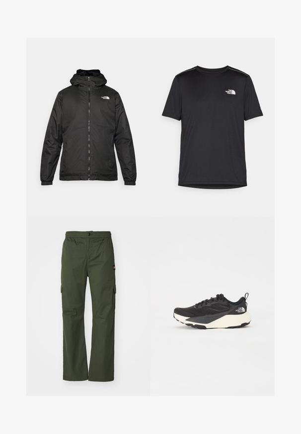 Črna kapuca jakna The North Face z sprednjim zadrgo, elastičnimi manšetami in logotipom na zgornjem levem prsnem delu na belem ozadju.; Črna kratkosleevena majica iz lahkotnega materiala. Ima majhen bel logo na levem prsnem delu in diskretne poudarke na ramenskem predelu.; Olive zelene cargo hlače s gumbom, elastičnim pasom in stranskimi žepi, narejene iz lahkotnega blaga z gladko teksturo.; Črne atletske čevlje z mrežastim zgornjim delom z teksturo, trdnimi črnimi detajli in lahkim belim podplatom. Imajo vezalni sistem in zanko za pomoč pri obuvanju.