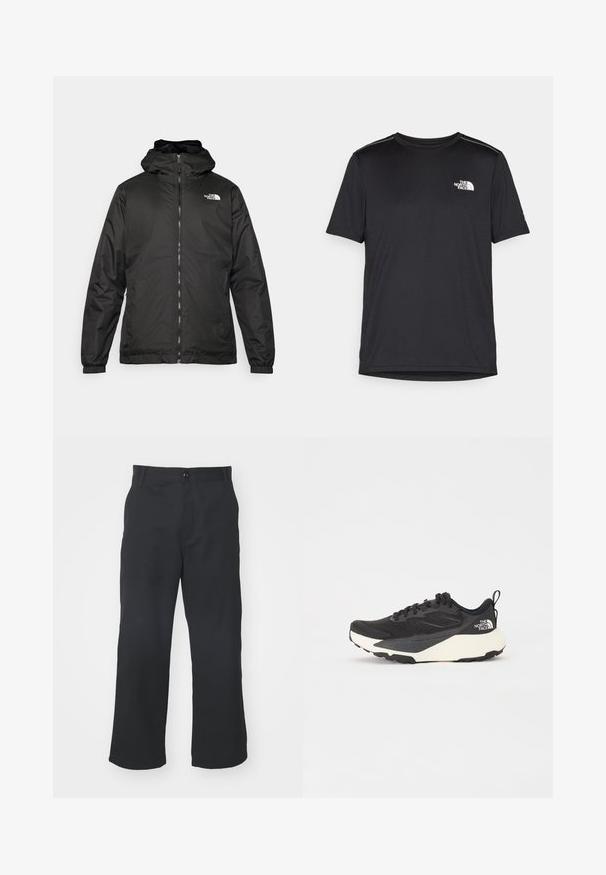 Melnā The North Face kapuce jaka ar priekšējo rāvējslēdzēju, elastīgām piedurknēm un logo augšējā kreisajā krūtī uz balta fona.; Melnas īsām piedurknēm T-kreklas, izgatavots no viegla auduma. Uz kreisā krūtīm ir neliels balts logo un smalki plecu akcenti.; Melnas taisnas kājas bikses, izgatavotas no gludas tekstūras auduma, ar priekšu aizdari ar pogu un standarta kabatām.; Melna sporta kurpe ar teksturētu acs augšdaļu, cietiem melniem akcentiem un balto vieglo zoli. Iekļauj šņorēšanas aizdari un vilkšanas cilpu.