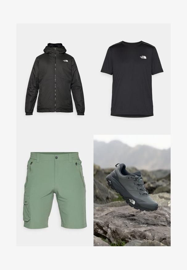 Giacca a vento nera The North Face con zip frontale, polsini elasticizzati e logo sulla parte superiore sinistra del petto, su sfondo bianco.; T-shirt nero a maniche corte realizzata in tessuto leggero. Presenta un piccolo logo bianco sul lato sinistro del petto e delicati dettagli sulle spalle.; Pantaloni cargo verdi realizzati in tessuto leggero, con chiusura a bottone, vita elastica, tasche laterali e una tasca cargo sulla gamba.; Scarpa da trail running grigia con tomaia testurizzata, suola in gomma resistente e punta rinforzata. Presenta lacci e logo del marchio sul lato.