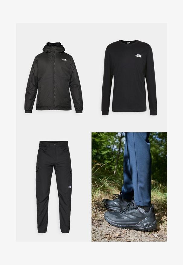 Jachetă cu glugă The North Face de culoare neagră, cu fermoar frontal, manșete elastice și logo pe partea superioară stângă a pieptului, pe un fundal alb.; Tricou negru cu mânecă lungă din bumbac, având un logo alb pe partea stângă a pieptului și mansete cu țesătură fină. Textură netedă cu decolteu rotund.; The North Face HORIZON PANT - Pantaloni outdoor - black; Pantofi de drumeție negri cu un superior texturat, design cu trei dungi și tălpi rezistente, asortați cu pantaloni bleumarin și șosete gri, într-un cadru natural.