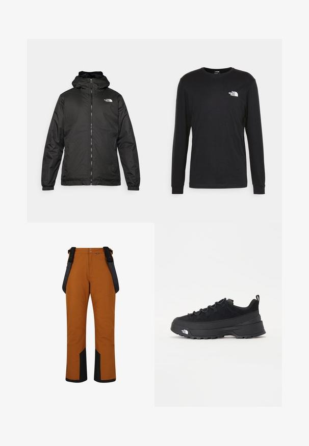 Sort The North Face hættejakke med frontlynlås, elastiske manchetter og logo på øverste venstre bryst mod en hvid baggrund.; Sort langærmet t-shirt lavet af bomuld, med et hvidt logo på venstre bryst og ribbede manchetter. Glat tekstur med rund halsudskæring.; Brune vandtætte bukser med sorte accenter, justerbare seler og knappelukning. Har forstærkede syninger og tapered benåbninger.; Sort udendørs sneakers med overdel i ruskind, tekstureret gummisål og robust snøringssystem. Har en forstærket hæl og logo fra mærket på siden.