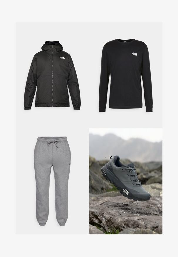Svart The North Face huva jacka med framzipper, elastiska muddar och logotyp på övre vänstra bröstet mot en vit bakgrund.; Svart långärmad t-shirt i bomull med en vit logotyp på vänster bröst och ribbade ärmslut. Slät textur med rundad halsringning.; The North Face SIMPLE DOME REGULAR TAPERED JOGGER - Träningsbyxor - medium grey heather; Grå trail löparskor med en texturerad ovandel, hållbar gummisula och förstärkt tåparti. Har snören och logotyp på sidan.