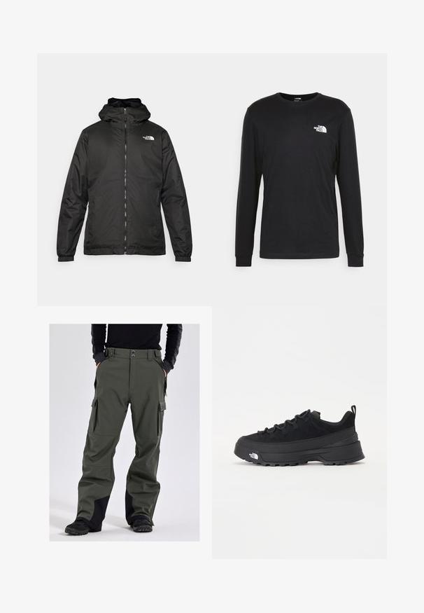 Schwarze The North Face Kapuzenjacke mit Reißverschluss auf der Vorderseite, elastischen Bündchen und Logo auf der oberen linken Brust vor einem weißen Hintergrund.; Schwarzes Langarm-T-Shirt aus Baumwolle mit einem weißen Logo auf der linken Brust und gerippten Bündchen. Glatte Textur mit Rundhalsausschnitt.; Slade COLORADO - Snowboard-Hosen - olive; Schwarzer Outdoorsneaker mit einem Obermaterial aus Wildleder, strukturierter Gummisohle und robustem Schnürsystem. Verfügt über eine verstärkte Ferse und das Markenlogo an der Seite.