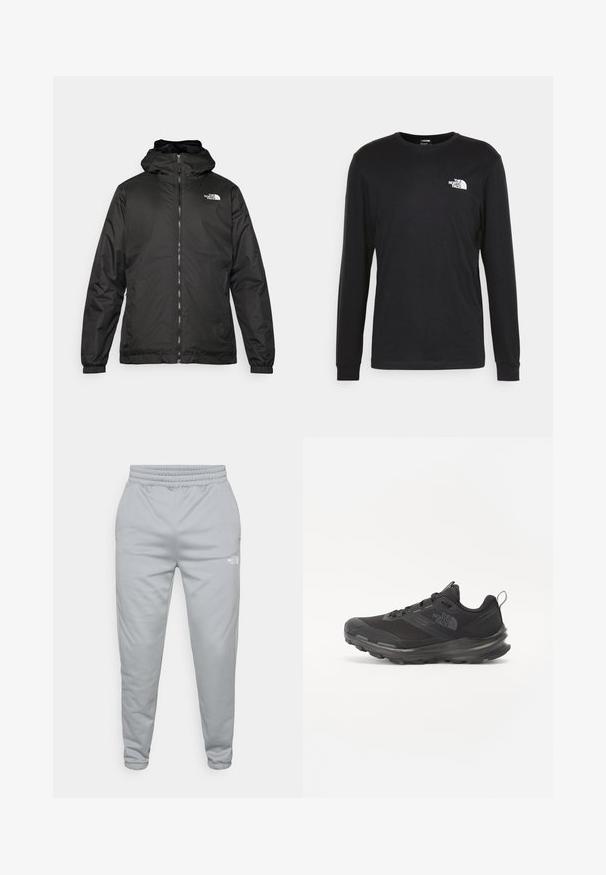 Svart The North Face hettegenser med frontglidelås, elastiske mansjetter, og logo på øvre venstre bryst mot en hvit bakgrunn.; Svart langermet t-skjorte i bomull, med en hvit logo på venstre bryst og ribbestrikkede mansjetter. Glatt tekstur med rund hals.; Lys grå joggebukser med elastisk midje og ribbede anklene. Har en liten hvit logo på nedre side. Strukturerte materialer.; Svart treningssko med mesh-overdel, gummiyttersåle og polstret krage. Har snører, logo på siden og et teksturert design.