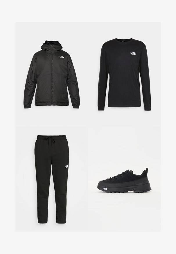 Juodas „The North Face“ striukė su gobtuvu, priekyje užtrauktuku, elastingomis rankogaliais ir logotipu viršutinėje kairėje krūtinės pusėje ant baltos fono.; Juoda džemperis ilgomis rankovėmis, pagamintas iš medvilnės, su baltu logotipu kairėje krūtinės pusėje ir pūstomis rankogaliais. Lygus paviršius su apykakle.; Juodos sportinės kelnės, pagamintos iš minkštos, tekstūruotos medžiagos. Sukurtos su elastingu juosmens diržu ir raišteliu, o šone yra mažas baltas logotipo akcentas.; Juodas lauko sportinis batelis su zomšiniu viršumi, tekstūruota guma padais ir tvirtas raištelių sistema. Yra sustiprinta kulno dalis ir prekės ženklo logotipas šone.