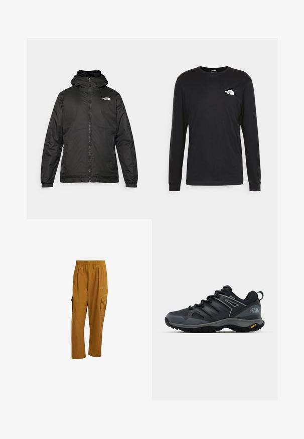 Black The North Face hooded jacket with front zipper, elastic cuffs, and logo on the upper left chest against a white background.; Black long-sleeve t-shirt made of cotton, featuring a white logo on the left chest and ribbed cuffs. Smooth texture with a crew neckline.; adidas Terrex Trousers - bronze strata; Black hiking shoe with a breathable upper, textured accents, rubber sole, and reflective details. Features a Vibram logo on the heel.
