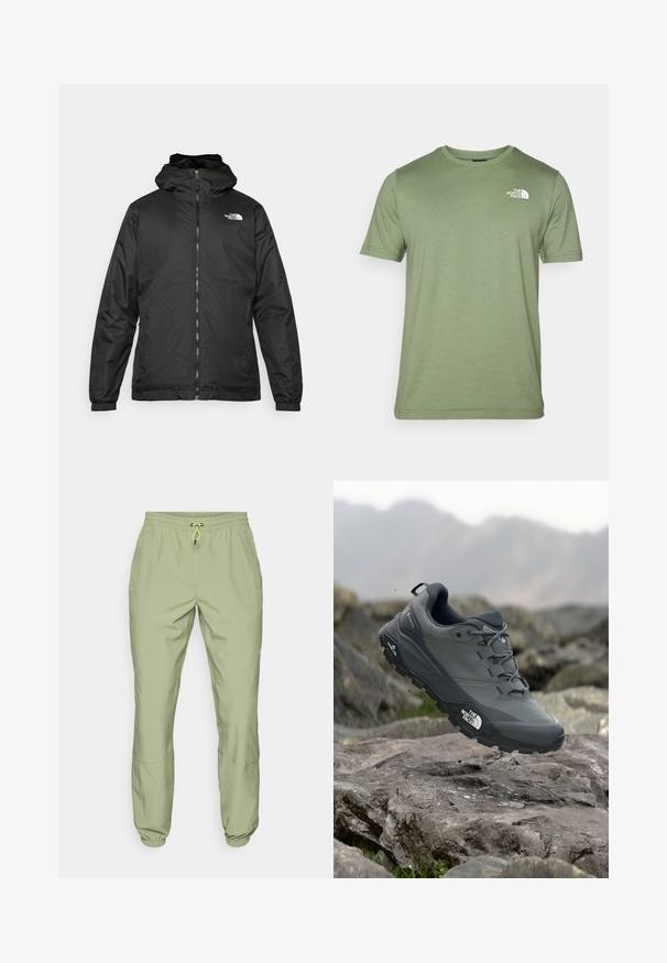 Must esine The North Face must kapuutsiga jakk, millel on esizipp, elastsed mansetid ja logo vasakul ülemisel rinnal valge tausta ees.; Õlivarjundiga lühikeste varrukatega T-särk, mis on valmistatud pehmest kangast. Omab ümmargust kaelust ja valget logo vasakul rinnal. Ühtlane tekstuur kogu ulatuses.; Heledad rohelised spordipüksid elastse vöökoha, paelaga sulgemise ja pahkluude mansettidega; omaduseks on kaks külgtaskut ja sile tekstuur.; Hallhalli jooksukingad halli värvi, tekstureeritud ülemise osaga, vastupidava kummist tallaga ja tugevdatud varvaste kattega. Omab paelu ja kaubamärgi logo küljel.