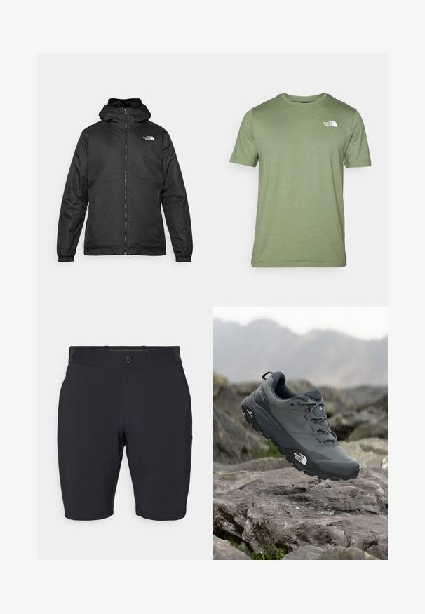 Melnā The North Face kapuce jaka ar priekšējo rāvējslēdzēju, elastīgām piedurknēm un logo augšējā kreisajā krūtī uz balta fona.; Olivu zaļā īsām piedurknēm T-kreklā, kas izgatavots no mīkstas auduma. Tam ir apaļa izgriezuma kakla līnija un balts logs uz kreisā krūts. Gluda tekstūra visā kreklā.; Melni šorti, kas izgatavoti no viegla auduma, ar taisnu kāju dizainu, plakanu priekšpusi un vienu pogu ar jostas cilpiņām.; Pelēki skrējēju apavi ar teksturētu virsu, izturīgu gumijas zoli un pastiprinātu pirkstu daļu. Iekļauj šņores un zīmola logo sānos.