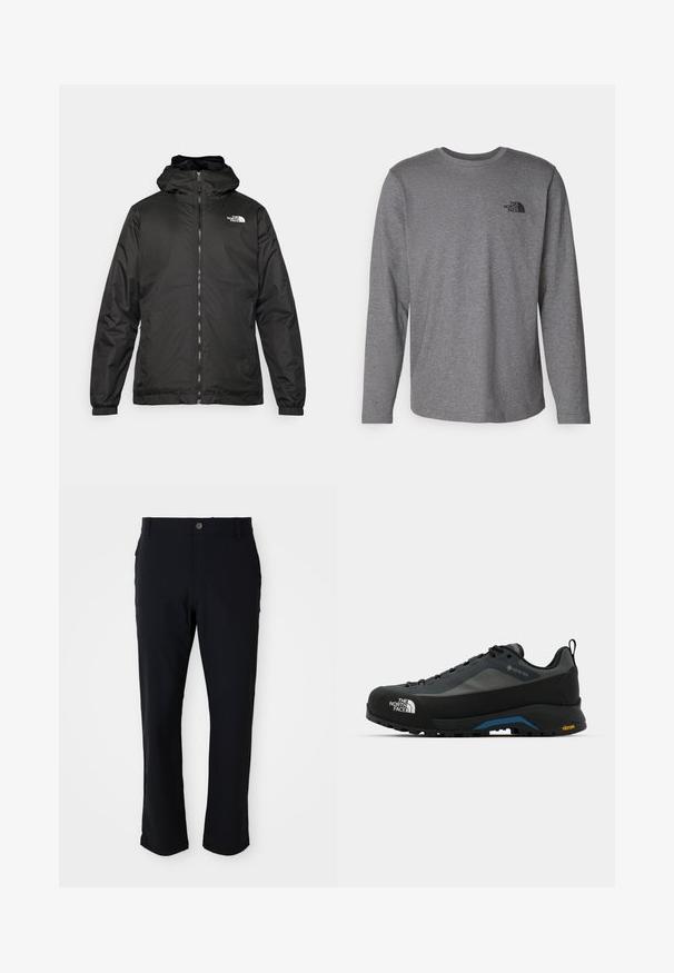 Svart The North Face huva jacka med framzipper, elastiska muddar och logotyp på övre vänstra bröstet mot en vit bakgrund.; The North Face M L/S SIMPLE DOME TEE - Långärmad tröja - medium grey heather; Svarta byxor med knappstängning, rak bendesign, slät textur och sidofickor, lämpliga för olika tillfällen.; The North Face VERTO ALPINE GORE TEX - Hikingskor - asphalt grey/tnf black