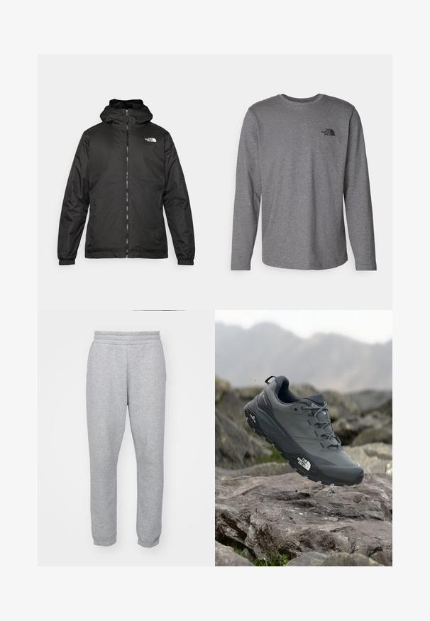 Veste à capuche The North Face noire avec fermeture éclair à l'avant, poignets élastiques et logo sur le haut de la poitrine gauche sur fond blanc.; The North Face M L/S SIMPLE DOME TEE - T-shirt à manches longues - medium grey heather; Pantalons de survêtement gris en tissu doux, dotés d'une taille élastique et de poignets ajustés pour une silhouette épurée. Pas de poches visibles.; Chaussure de trail running grise avec un dessus texturé, semelle en caoutchouc durable et chaussure renforcée à l'avant. Comprend des lacets et un logo de la marque sur le côté.