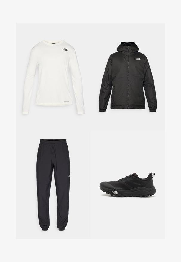 Schwarze The North Face Kapuzenjacke mit Reißverschluss auf der Vorderseite, elastischen Bündchen und Logo auf der oberen linken Brust vor einem weißen Hintergrund.; Weißes Langarmhemd mit Rundhalsausschnitt, strukturierter Stoff, schwarzes Logo auf der linken Schulter und dezente Markenkennzeichnung am unteren Rand.; Schwarze Sporthosen aus leichtem Stoff, mit einem Kordelzugbund, seitlichen Taschen und schmal zulaufenden Bündchen an den Knöcheln.; Schwarzer Trailrunning-Schuh mit strukturiertem Obermaterial, Gummisohle und verstärkter Zehenkappe. Verfügt über einen gepolsterten Kragen und eine Ziehlasche für einfaches Anziehen.