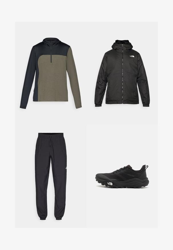 Giacca a vento nera The North Face con zip frontale, polsini elasticizzati e logo sulla parte superiore sinistra del petto, su sfondo bianco.; Pullover a maniche lunghe con zip a metà, caratterizzato da una parte superiore di un blu navy scuro e una sezione inferiore di un verde khaki, realizzato in un tessuto testurizzato e traspirante.; Pantaloni sportivi neri realizzati in tessuto leggero, con vita regolabile con cordino, tasche laterali e orli affusolati alle caviglie.; Scarpa da trail running nera con tomaia texture, suola in gomma e punta rinforzata. Presenta un collare imbottito e un tassello per un indossamento facile.