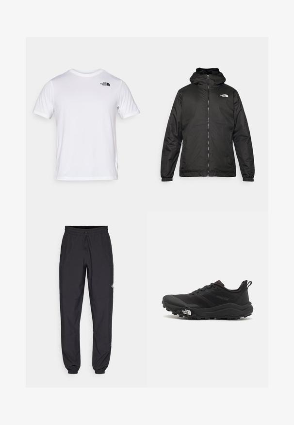 Svart The North Face hettegenser med frontglidelås, elastiske mansjetter, og logo på øvre venstre bryst mot en hvit bakgrunn.; The North Face TEE - T-skjorte til trening - white; Sorte idrettsbukser laget av lett stoff, med snor i livet, sidelommer og smale mansjetter ved anklene.; Svart terrengløpesko med teksturert overdel, gummisåle og forsterket tåhette. Har polstret krage og løftestropp for enkel påkledning.