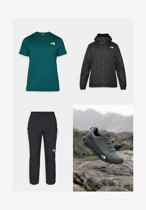 Jachetă cu glugă The North Face de culoare neagră, cu fermoar frontal, manșete elastice și logo pe partea superioară stângă a pieptului, pe un fundal alb.; Tricou scurt cu maneca scurta de culoare teal, realizat dintr-o tesatura moale. Are un guler rotund si un logo alb in zona pieptului stang. Fara modele sau accente vizibile.; The North Face WINTER EXPLORATION TAPERED CARGO - Pantaloni outdoor - black; Pantof de alergare pe trasee gri, cu o partieră texturată, talpă din cauciuc durabil și vârf întărit. Dispune de șireturi și logo-ul brandului pe lateral.