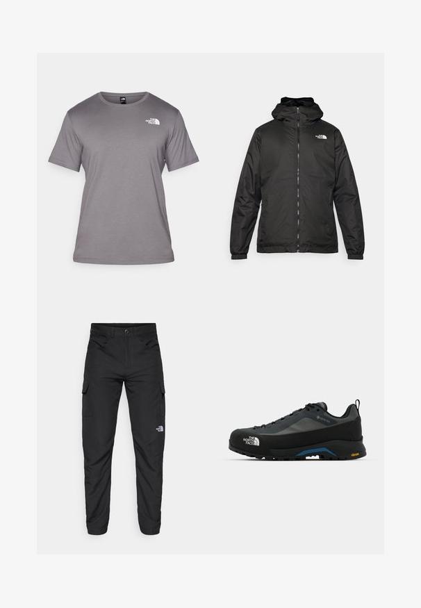 Black The North Face hooded jacket with front zipper, elastic cuffs, and logo on the upper left chest against a white background.; Gray short-sleeve t-shirt made of soft fabric. Features a round neckline and a small white logo on the upper left side.; The North Face HORIZON PANT - Outdoor trousers - black; The North Face VERTO ALPINE GORE TEX - Hiking shoes - asphalt grey/tnf black