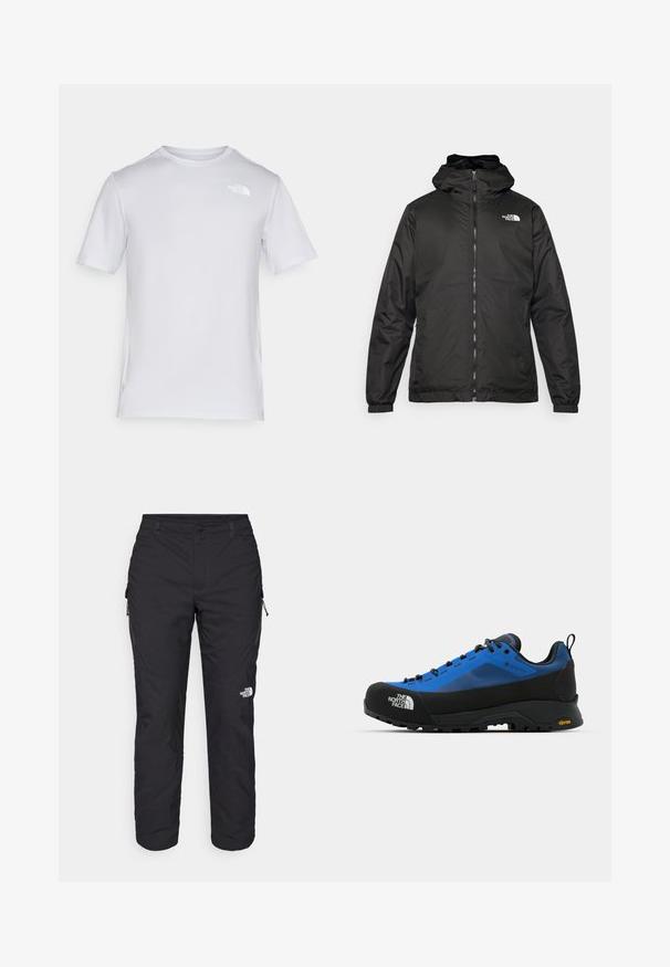 Must esine The North Face must kapuutsiga jakk, millel on esizipp, elastsed mansetid ja logo vasakul ülemisel rinnal valge tausta ees.; Valge lühikeste varrukatega T-särk, mis on valmistatud siledast kangast. Sellel on väike logo vasakus ülanurgas. Klassikaline lõige ümara kaelusiga.; The North Face WINTER EXPLORATION TAPERED CARGO - Õuepüksid - black; The North Face VERTO ALPINE GORE TEX - Matkajalatsid - hero blue/tnf black