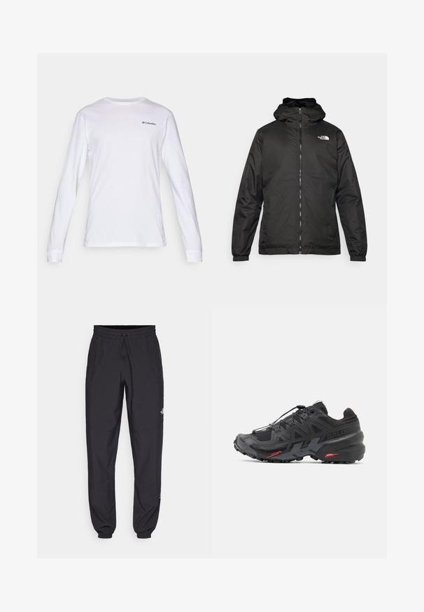 Crna jakna s kapuljačom The North Face s prednjim patentnim zatvaračem, elastičnim manžetama i logotipom na gornjem lijevom dijelu prsnog koša, na bijeloj pozadini.; Dug kombinacija bijele majice dugih rukava od pamuka, s okruglim izrezom i malim crnim logotipom Columbije na prsima. Mekan materijal, prilagođen kroj.; Crne sportske hlače od lagane tkanine, s pojasom na vezanje, bočnim džepovima i suženim manžetama na gležnjevima.; Crne trkaće tenisice s sintetičkom gornjom stijenkom, teksturiranim dizajnom i kontrastnim crvenim detaljima. Imaju sustav vezanja za sigurno uklapanje i robustnu potplat.