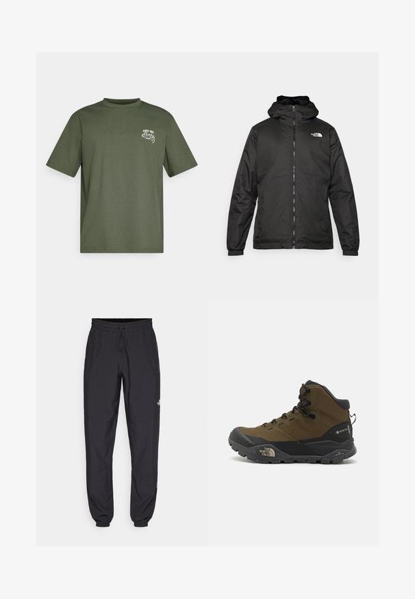 Melnā The North Face kapuce jaka ar priekšējo rāvējslēdzēju, elastīgām piedurknēm un logo augšējā kreisajā krūtī uz balta fona.; Olive krāsas krekls ar īsām piedurknēm un apaļu kakla izgriezumu, ar nelielu baltu "Karma" grafiku kreisajā krūtīs.; Melni sporta bikses, kas izgatavotas no viegla auduma, ar savelcamu jostu, sānu kabatām un sašaurinātiem apakšējiem galiem pie potītēm.; Ūdensnecaurlaidīgi pārgājienu zābaki tumši olīvzaļā un melnā krāsā, ar teksturētu virspusi, izturīgu zoli un pastiprinātu pirkstu daļu.