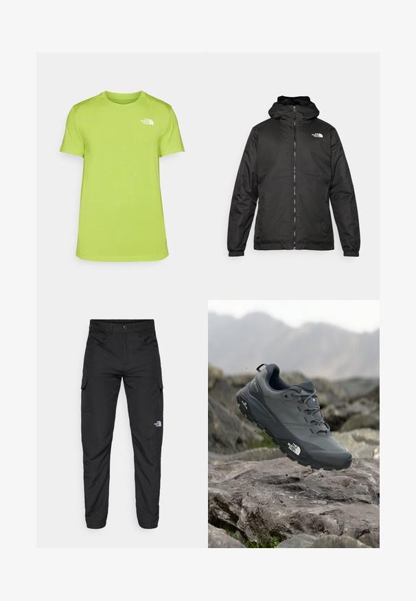 Must esine The North Face must kapuutsiga jakk, millel on esizipp, elastsed mansetid ja logo vasakul ülemisel rinnal valge tausta ees.; Lime roheline lühikeste varrukatega T-särk, mis on valmistatud niiskust eemaldavast kangast, millel on väike valge logo vasakul rinnal ja ümar kaelus.; The North Face HORIZON PANT - Õuepüksid - black; Hallhalli jooksukingad halli värvi, tekstureeritud ülemise osaga, vastupidava kummist tallaga ja tugevdatud varvaste kattega. Omab paelu ja kaubamärgi logo küljel.