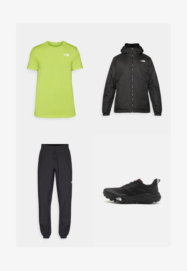 Jachetă cu glugă The North Face de culoare neagră, cu fermoar frontal, manșete elastice și logo pe partea superioară stângă a pieptului, pe un fundal alb.; Tricou scurt cu mânecă, de culoare verde lime, fabricat din material care absoarbe umiditatea, având un mic logo alb pe partea stângă a pieptului și un gât rotund.; Pantaloni atletici negri, confecționați dintr-un material ușor, cu un tiv elastic la talie, buzunare laterale și tivuri ajustate la gleznă.; Pantofii de alergare pe teren accidentat, de culoare neagră, cu un superior texturat, talpă din cauciuc și vârf întărit. Prezintă un guler căptușit și o bandă de prindere pentru îmbrăcare ușoară.