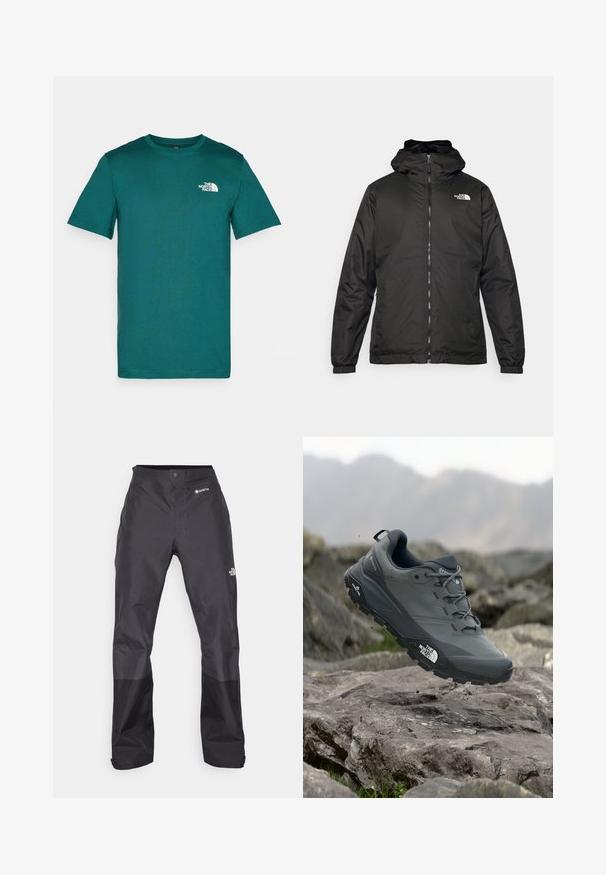 Jacket preta com capuz da The North Face, com fecho éclair na frente, punhos elásticos e logotipo no canto superior esquerdo do peito, em fundo branco.; T-shirt de manga curta em azul-turquesa, feito de algodão macio, com um decote redondo e um logotipo branco no lado esquerdo do peito. Design simples, sem padrões.; Calças impermeáveis pretas com uma textura suave, apresentando um logotipo GORE-TEX na frente, e pernas inferiores reforçadas para maior durabilidade.; Sapatilha de corrida em trilhos cinza com um cabedal texturizado, sola de borracha durável e ponteira reforçada. Apresenta atacadores e o logótipo da marca de lado.