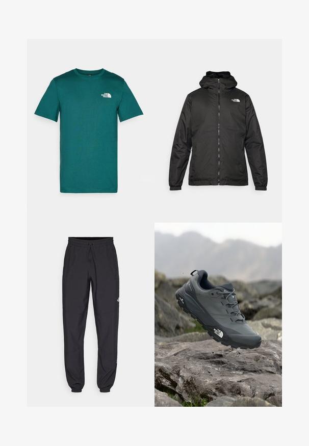Zwarte The North Face hoodie met ritssluiting aan de voorkant, elastische manchetten en logo op de bovenste linkerborst tegen een witte achtergrond.; Teal kortearm t-shirt gemaakt van zachte katoen, met een ronde ronde hals en een wit logo op de linkerborst. Eenvoudig ontwerp, geen patronen.; Zwarte sportieve broek gemaakt van lichtgewicht stof, met een trekkoord in de taille, zijzakken en taps toelopende boorden bij de enkels.; Grijze trailrun-schoen met een gestructureerde bovenkant, duurzame rubbersole en versterkte neuskap. Voorzien van veters en een merkimprint aan de zijkant.