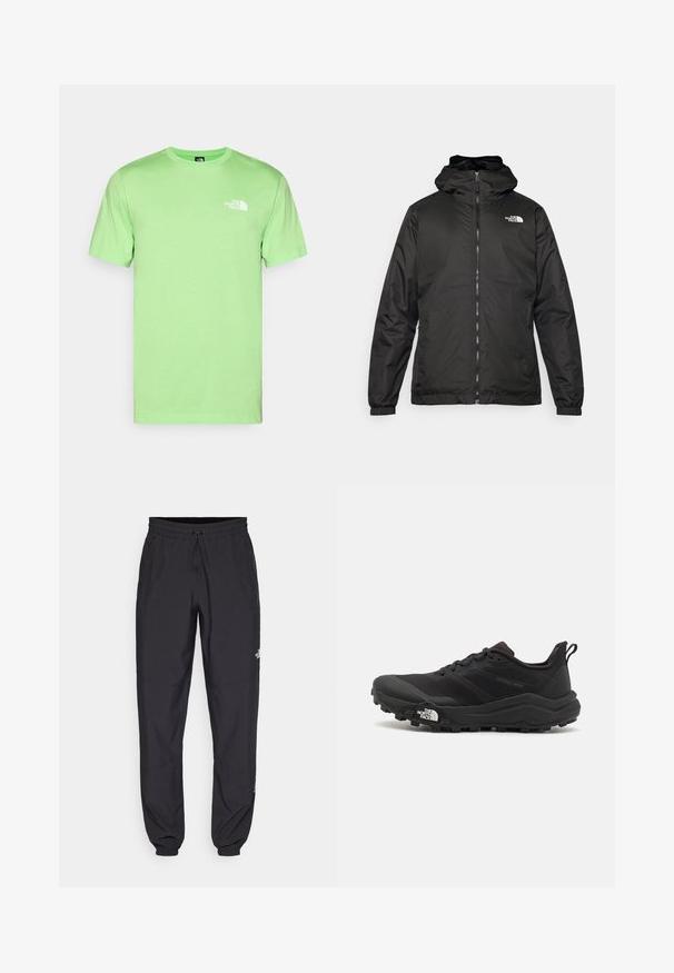 Black The North Face hooded jacket with front zipper, elastic cuffs, and logo on the upper left chest against a white background.; Mint green cotton t-shirt with a crew neckline and short sleeves. Features a white logo on the left chest. Smooth texture, relaxed fit.; Black athletic pants made from lightweight fabric, featuring a drawstring waistband, side pockets, and tapered cuffs at the ankles.; Black trail running shoe with a textured upper, rubber sole, and reinforced toe cap. Features a padded collar and pull tab for easy wear.