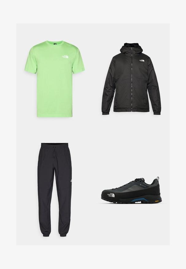 Schwarze The North Face Kapuzenjacke mit Reißverschluss auf der Vorderseite, elastischen Bündchen und Logo auf der oberen linken Brust vor einem weißen Hintergrund.; Mintgrünes Baumwoll-T-Shirt mit Rundhalsausschnitt und kurzen Ärmeln. Mit einem weißen Logo auf der linken Brust. Glatte Textur, lässige Passform.; Schwarze Sporthosen aus leichtem Stoff, mit einem Kordelzugbund, seitlichen Taschen und schmal zulaufenden Bündchen an den Knöcheln.; The North Face VERTO ALPINE GORE TEX - Hikingschuh - asphalt grey/tnf black