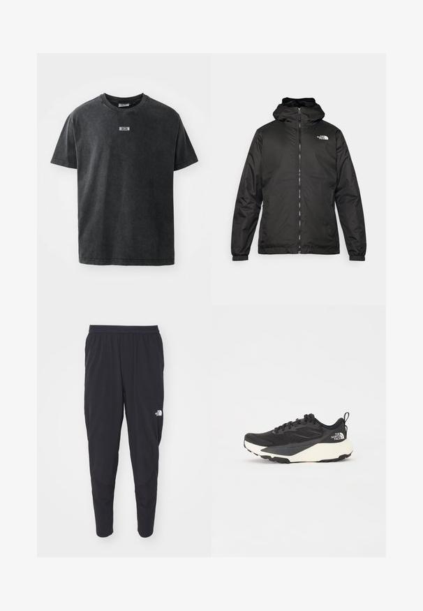Jacket preta com capuz da The North Face, com fecho éclair na frente, punhos elásticos e logotipo no canto superior esquerdo do peito, em fundo branco.; T-shirt de algodão cinza escuro com gola redonda e mangas curtas, apresentando um pequeno rótulo decorativo no peito. Textura suave.; Calças atléticas pretas com uma cintura elástica, pernas ajustadas e bolsos laterais. Apresenta um logótipo discreto na coxa. Textura suave.; Sapatilha atlética preta com parte superior em malha texturada, detalhes pretos sólidos e sola leve branca. Apresenta fecho com atacadores e alça de puxar.