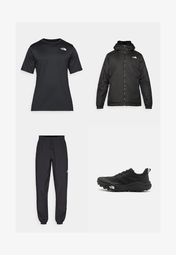Melnā The North Face kapuce jaka ar priekšējo rāvējslēdzēju, elastīgām piedurknēm un logo augšējā kreisajā krūtī uz balta fona.; Melnā īsās piedurknes T-kreklā, izgatavotā no viegla, mitrumu uzsūcoša auduma. Tam ir balts logo kreisajā krūtīs un apaļa kakla izgriezums.; Melni sporta bikses, kas izgatavotas no viegla auduma, ar savelcamu jostu, sānu kabatām un sašaurinātiem apakšējiem galiem pie potītēm.; Melnas taku skriešanas kurpes ar teksturētu virsu, gumijas zoli un pastiprinātu pirkstu daļu. Aprīkotas ar mīkstu apkakli un vilkšanas cilpu, lai viegli uzvilktu.