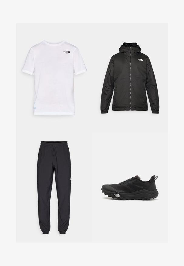 Schwarze The North Face Kapuzenjacke mit Reißverschluss auf der Vorderseite, elastischen Bündchen und Logo auf der oberen linken Brust vor einem weißen Hintergrund.; Weißes T-Shirt mit kurzen Ärmeln, das ein schwarzes Logo auf der oberen linken Brust und blaue Designdetails am Saum aufweist. Weicher, leichter Stoff.; Schwarze Sporthosen aus leichtem Stoff, mit einem Kordelzugbund, seitlichen Taschen und schmal zulaufenden Bündchen an den Knöcheln.; Schwarzer Trailrunning-Schuh mit strukturiertem Obermaterial, Gummisohle und verstärkter Zehenkappe. Verfügt über einen gepolsterten Kragen und eine Ziehlasche für einfaches Anziehen.