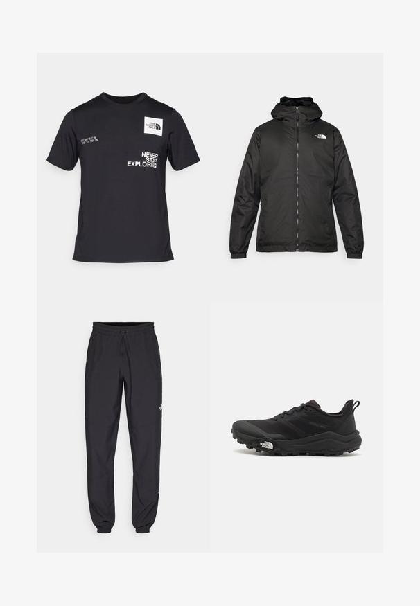 Μαύρο μπουφάν με κουκούλα της The North Face, με μπροστινό φερμουάρ, ελαστικούς καρπούς και λογότυπο στην πάνω αριστερή πλευρά του στήθους, σε λευκό φόντο.; Μαύρη κοντομάνικη μπλούζα φτιαγμένη από λείο ύφασμα. Διαθέτει λευκό γραφικό κείμενο και λογότυπο στο στήθος με συντεταγμένες στην αριστερή πλευρά.; Μαύρη αθλητική παντελόνι κατασκευασμένο από ελαφρύ ύφασμα, με ζώνη που ρυθμίζεται με κορδόνι, πλευρικές τσέπες και στενές μανσέτες στους αστραγάλους.; Μαύρο αθλητικό παπούτσι τρεξίματος με υφασμάτινο άνω μέρος, καουτσούκ σόλα και ενισχυμένη μύτη. Διαθέτει επενδεδυμένο κολάρο και θηλιά στα πίσω για εύκολη φορεσιά.